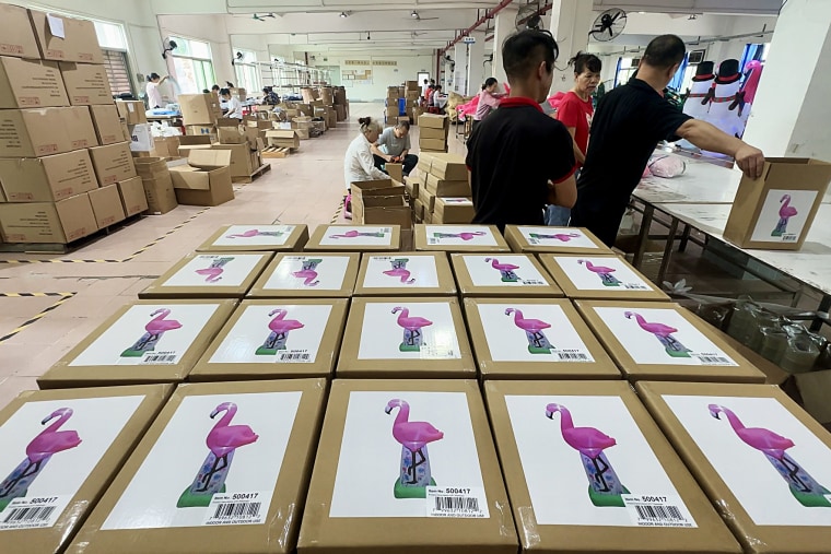 Boxes of holiday decorations at Chinese factory in Shenzhen. September 12, 2024.