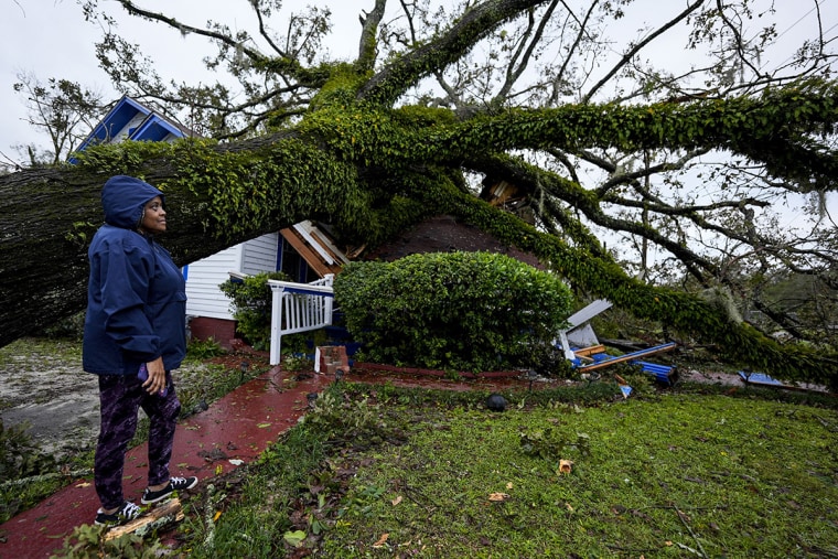 Ronda Bell looks on after an Oak tree landed on her 100-year-old home after Hurricane Helene moved through, Friday, Sept. 27, 2024, in Valdosta, Ga.