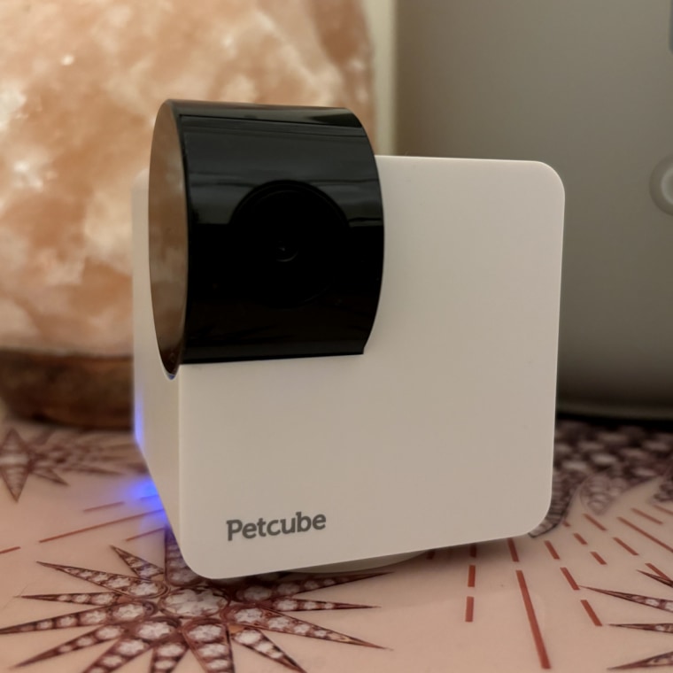 The Petcube Cam 360 sitting on a side table.