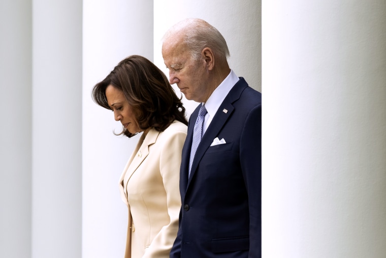 Vice President Kamala Harris and President Joe Biden arrive to the Rose Garden at the White House in 2023.