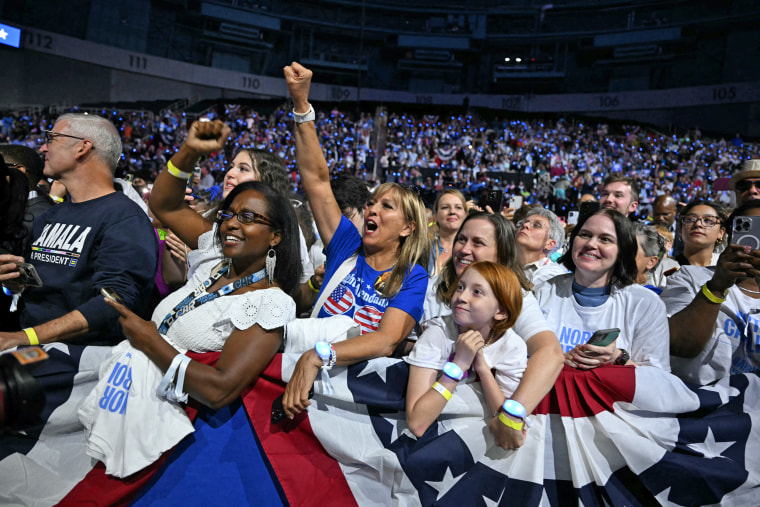 People cheers as Vice President Kamala Harris arrives at a rally in Charlotte, N.C., on Sept. 12, 2024. 