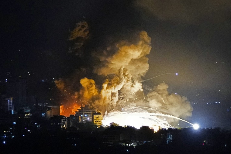 Smoke rises from Israeli airstrikes in Beirut's southern suburbs, Lebanon, on Saturday.