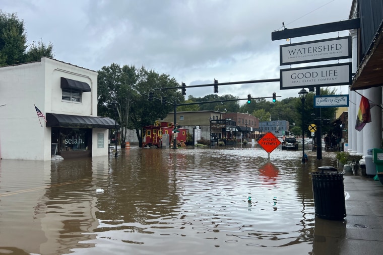 A view of Bryson City shortly after Helene swept through, swamping local storefronts.