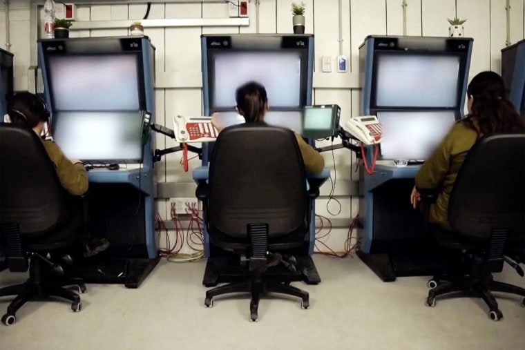 Israeli military soldiers in a new surveillance and situation room in Re’im Camp, built after their previous base at Nahal Oz was overrun and destroyed in the Hamas terror attack.