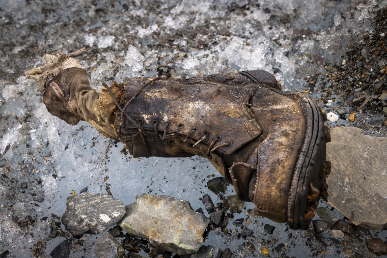 A sock embroidered with "A.C. Irvine", along with a boot, discovered on the Central Rongbuk Glacier below the North Face of Mount Everest by a team led by Jimmy Chin.