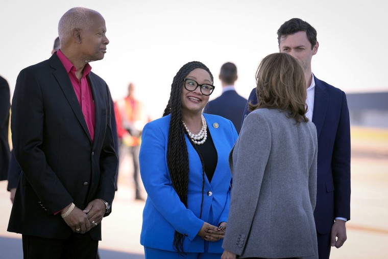 Georgia Democrats, Reps. Hank Johnson and Nikema Williams, and Sen. Jon Ossoff, greet Vice President Kamala Harris in Atlanta on Saturday, Oct. 19, 2024.