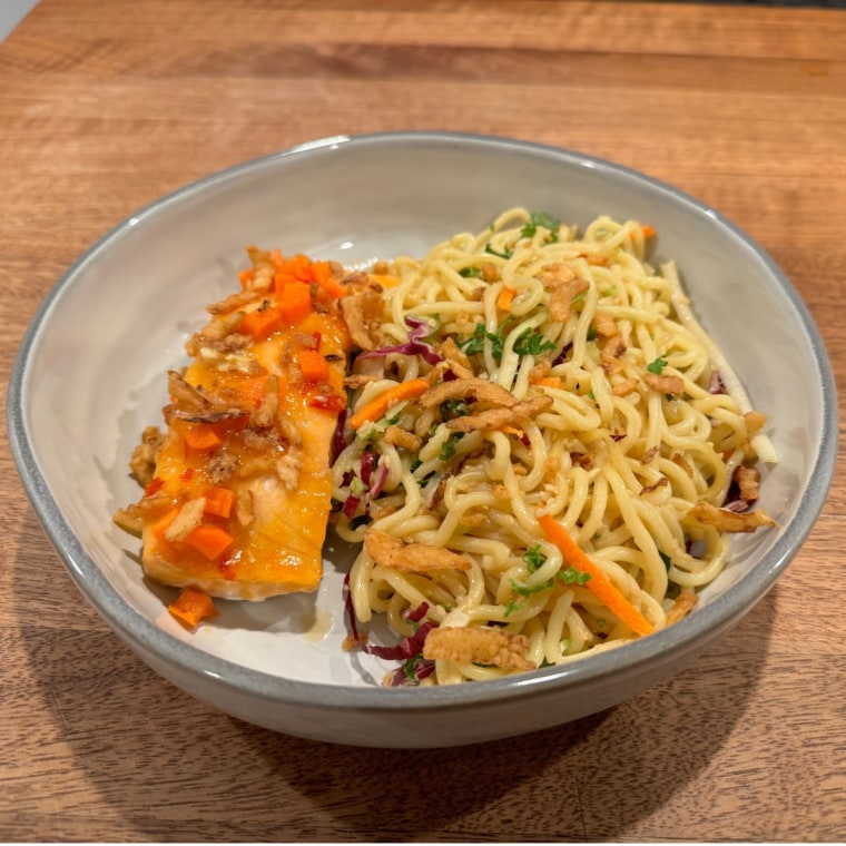 Close-up of the sweet-chili glazed salmon bowl