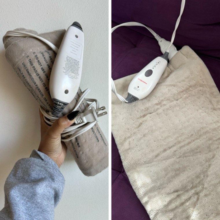 Left: A left hand holding a rolled up Walgreens Fast-Heat Heating Pad in front of an off-white wall.
Right: The Walgreens Fast-Heat Heating Pad fully spread out on purple couch.