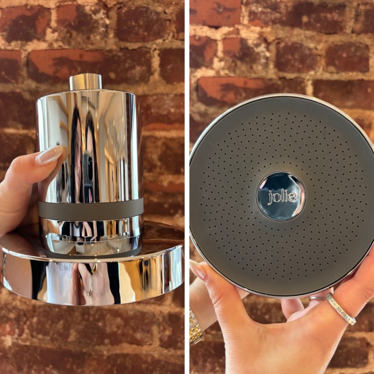 The profile of a chrome Jolie Filtered Showerhead against a brick wall (left), the face of the Jolie Filtered Showerhead against a brick wall (right).