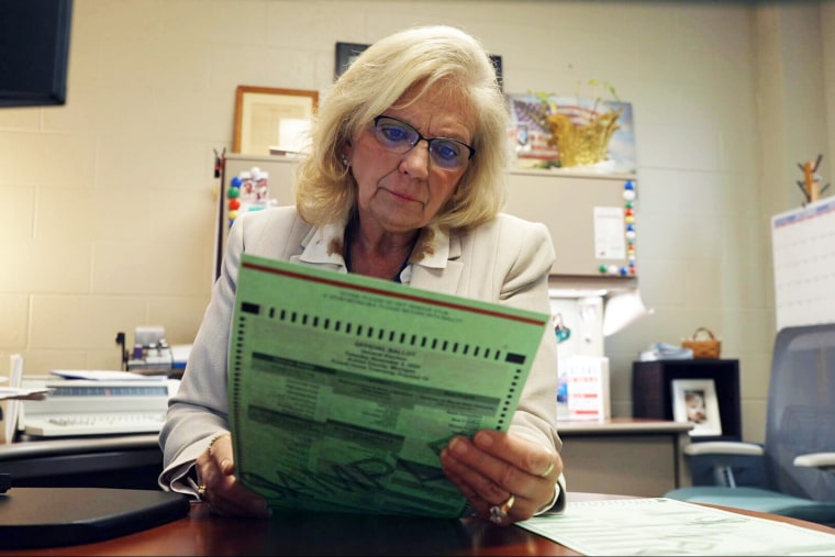 Sheryl Guy looks at a ballot