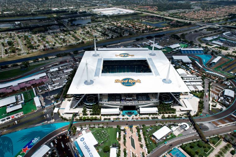 An aerial view of the Hard Rock Stadium in Miami Gardens, Fla. on May 2, 2022. 