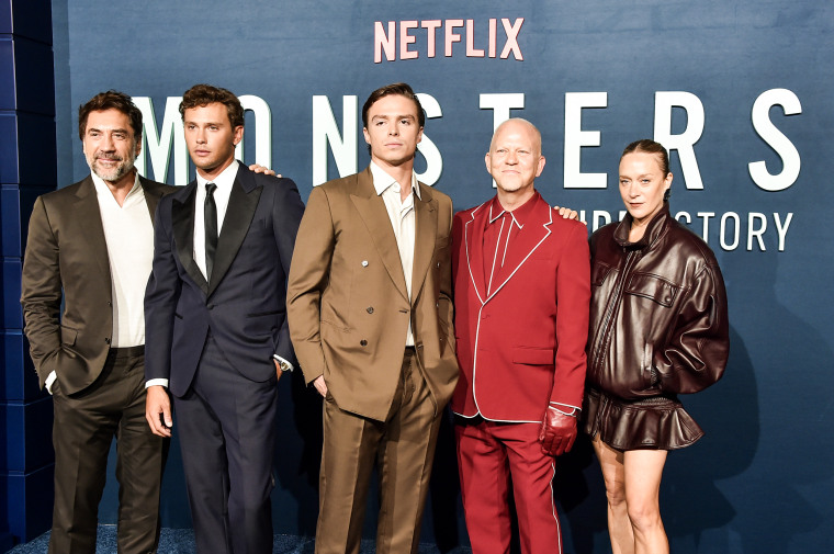 From left; Javier Bardem, Cooper Koch, Nicholas Chavez, Ryan Murphy and Chloë Sevigny at Netflix's "Monsters: The Lyle and Erik Menendez Story" premiere in in Los Angeles, Calif. on  Sept. 16, 2024. 