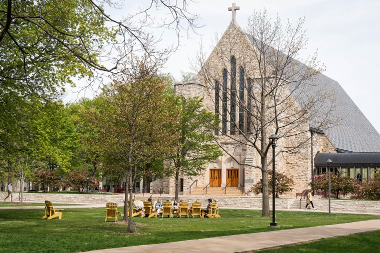 Students on the campus of St. Olaf College.