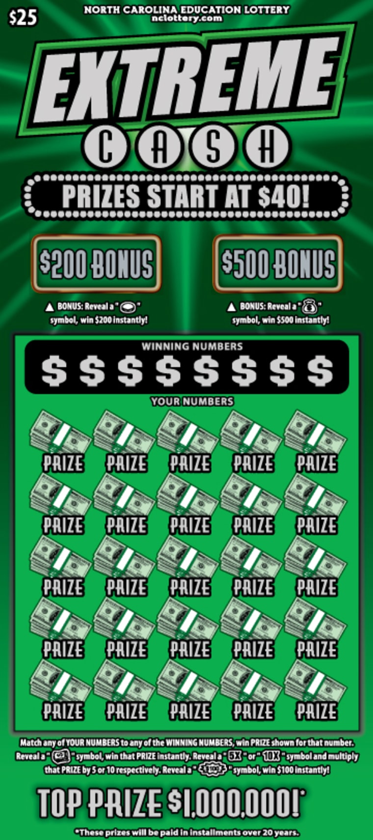 A sample Extreme Cash scratch-off ticket