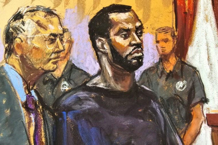 A drawing of Sean "Diddy" Combs appearing before U.S. Magistrate Judge Robyn Tarnofsky in New York federal court