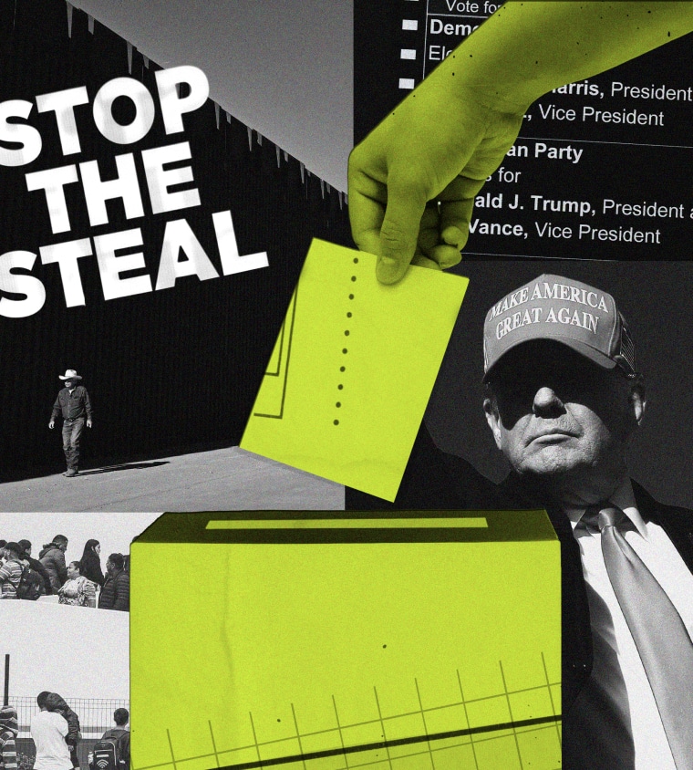 Photo collage of a hand placing a ballot into a ballot box; an image of Donald Trump in a "MAGA" at; migrants seeking asylum at the Tijuana border crossing in Mexico; a man walks by the Mexico-US border wall; "stop the steal" and presidential election 2024 ballot text