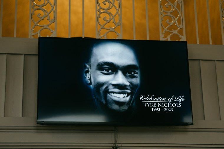 A screen displays Tyre Nichols at the Mississippi Boulevard Christian Church in Memphis on Feb. 1, 2023.