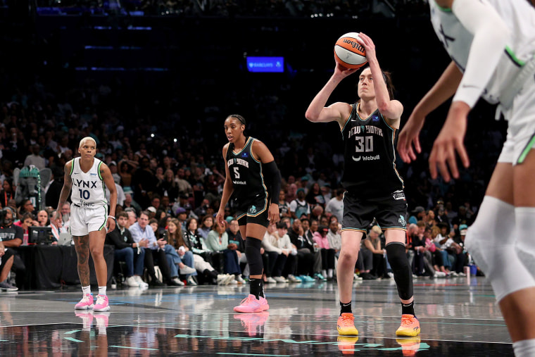 Breanna Stewart of the New York Liberty shoots a free throw during overtime against the Minnesota Lynx on Oct.  20, 2024. 