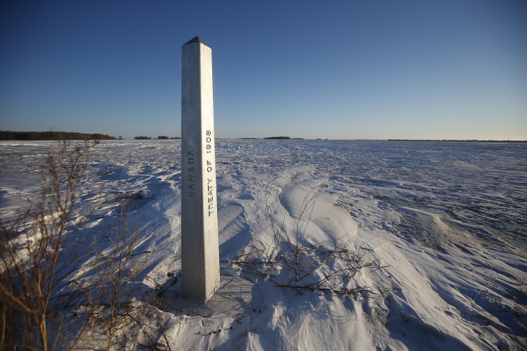 A border marker, between the United States and Canada is shown just outside of Emerson, Manitoba, on Jan. 20, 2022.  