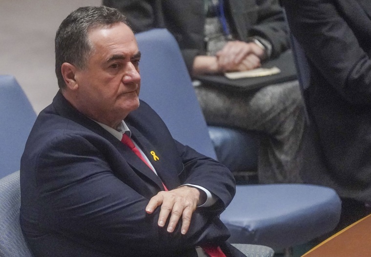 Israel Katz during a meeting of the United Nations Security Council on the war in Gaza, at U.N. headquarters